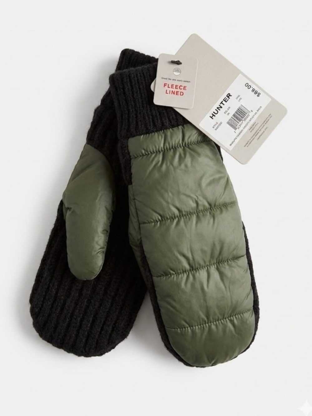 Hunter Fleece Lined Puffer Knit Mittens Olive Green Black L/XL